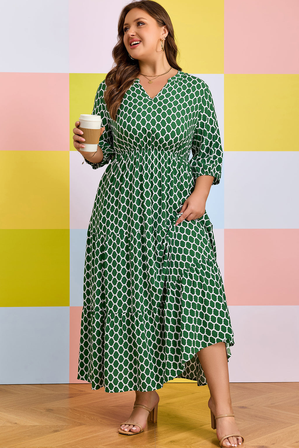 Green Plus Size Geometric Print Pocketed Ruffle Hem Casual Dress 🇺🇸