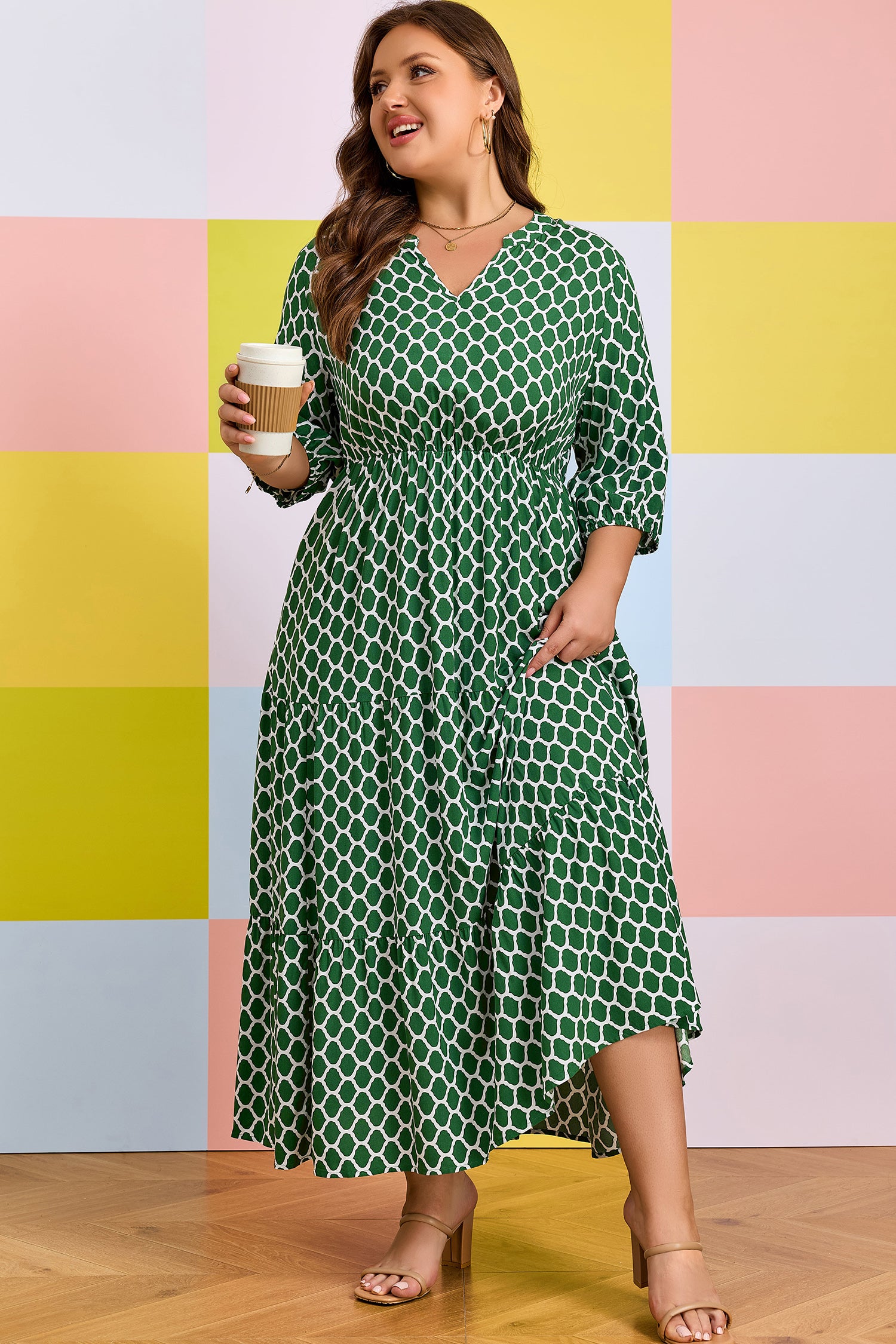 Green Plus Size Geometric Print Pocketed Ruffle Hem Casual Dress 🇺🇸
