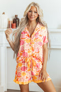 Pink Short Sleeve Pumpkin Print Pocket Placket Shell Button Lounge Set 🇺🇸
