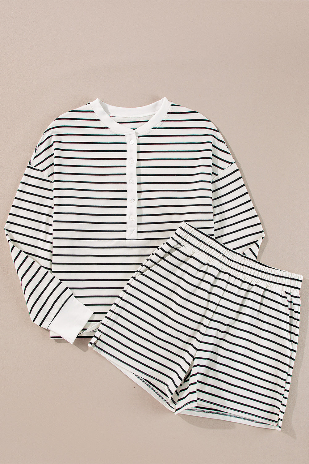 Black white Stripes Printed Half Button Long Sleeve Top and Shorts Set 🇨🇳
