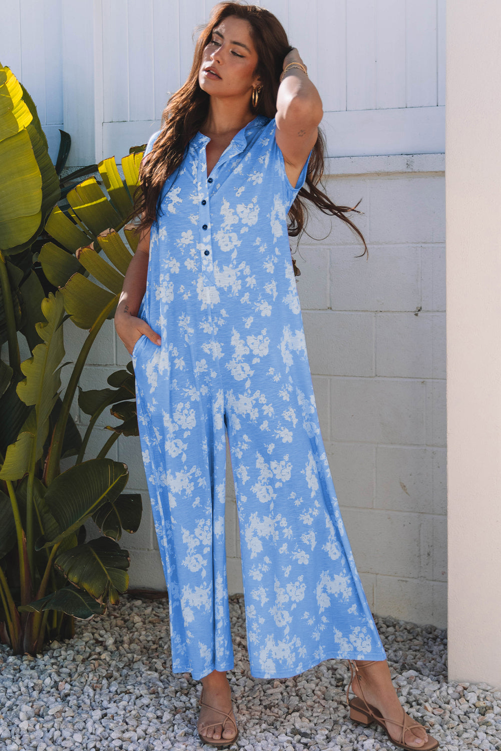 Myosotis Floral Print Half Button Wide Leg Relaxed Sleeveless Jumpsuit 🇺🇸