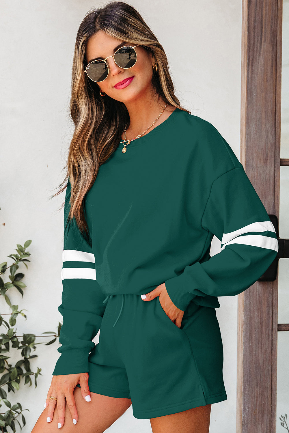 Evergreen Varsity Striped Sleeve Drop Shoulder Sweatshirt and Short Set 🇺🇲