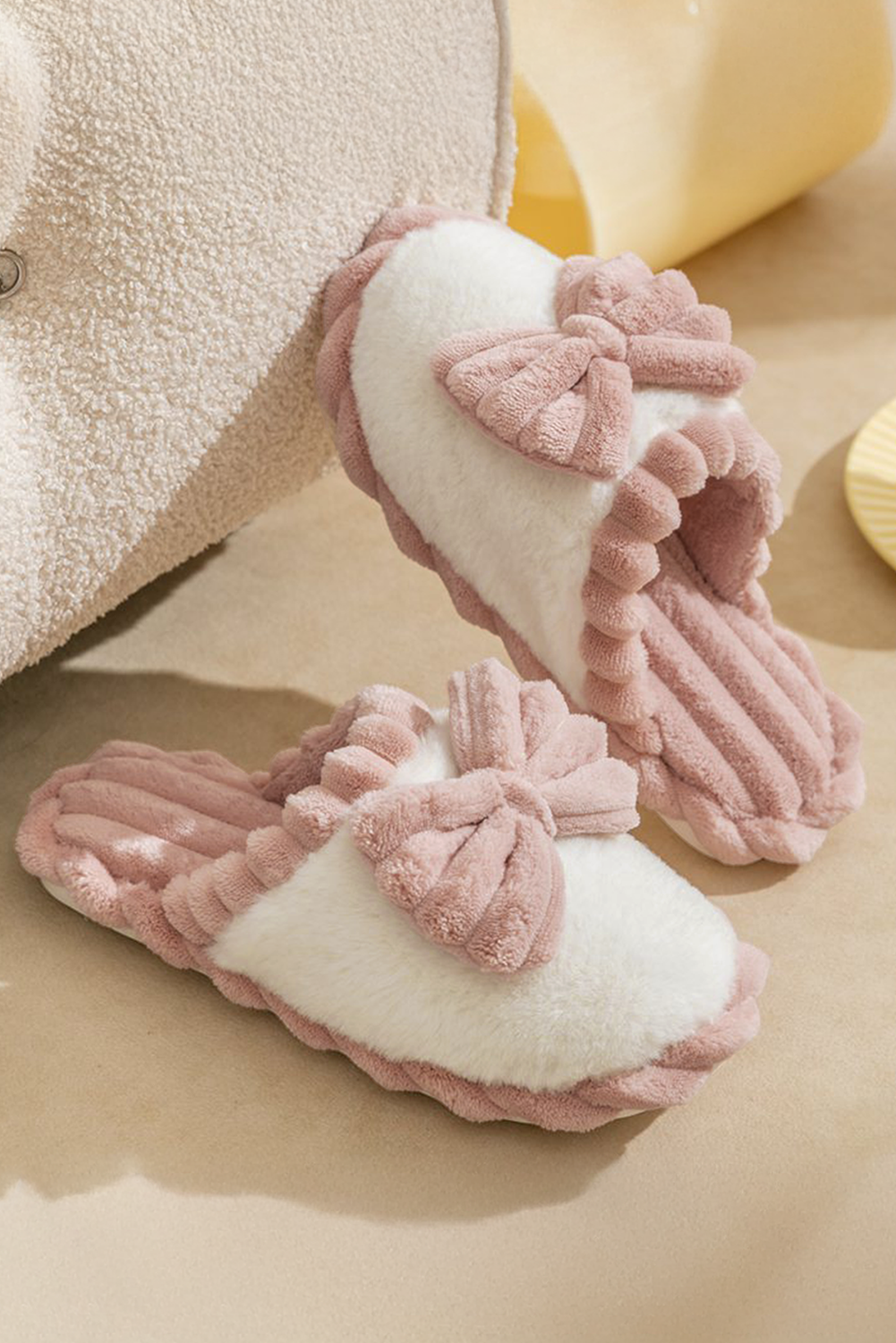 Fushia Bow Decor Color Block Ribbed Plush Slippers 🇨🇳