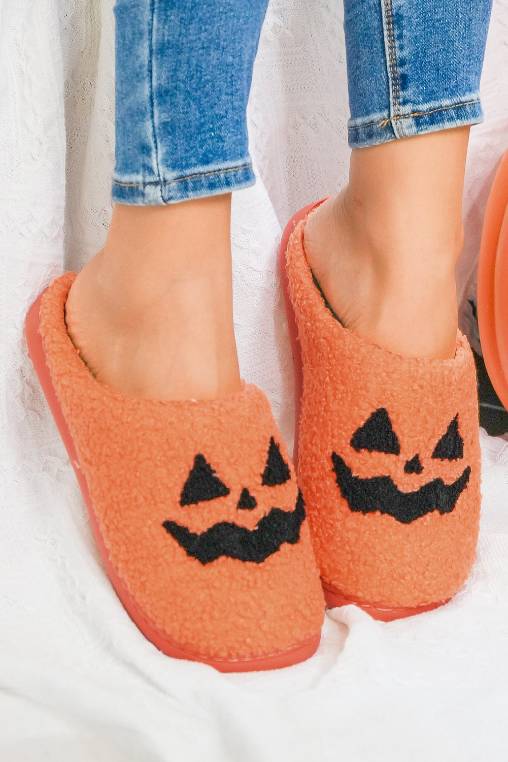 Orange Halloween Pumpkin Face Graphic Plush Slippers 🇺🇸