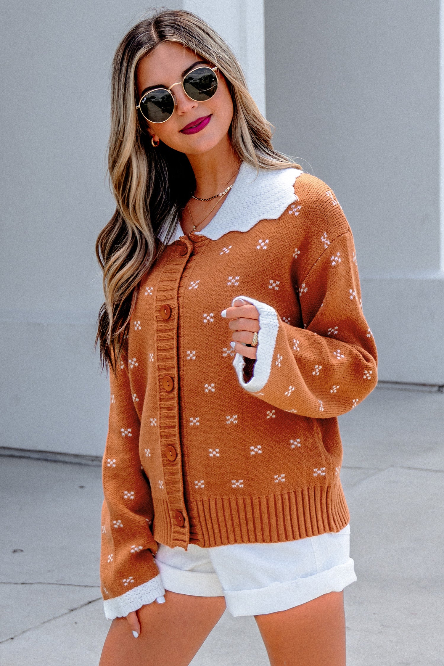Russet Orange Peter Pan Collar Colorblock Long Sleeve Knitwear Cardigan 🇺🇸