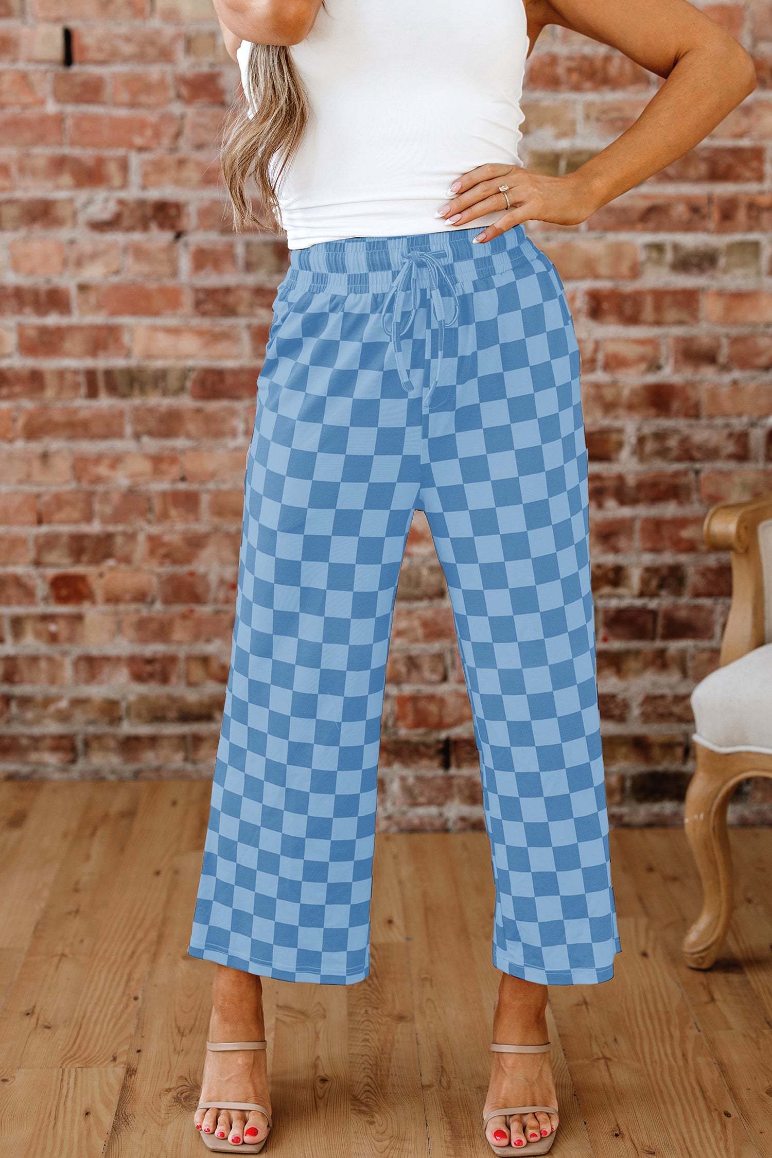Sky Blue Checkered Elastic High Waist Loose Casual Pants 🇨🇳