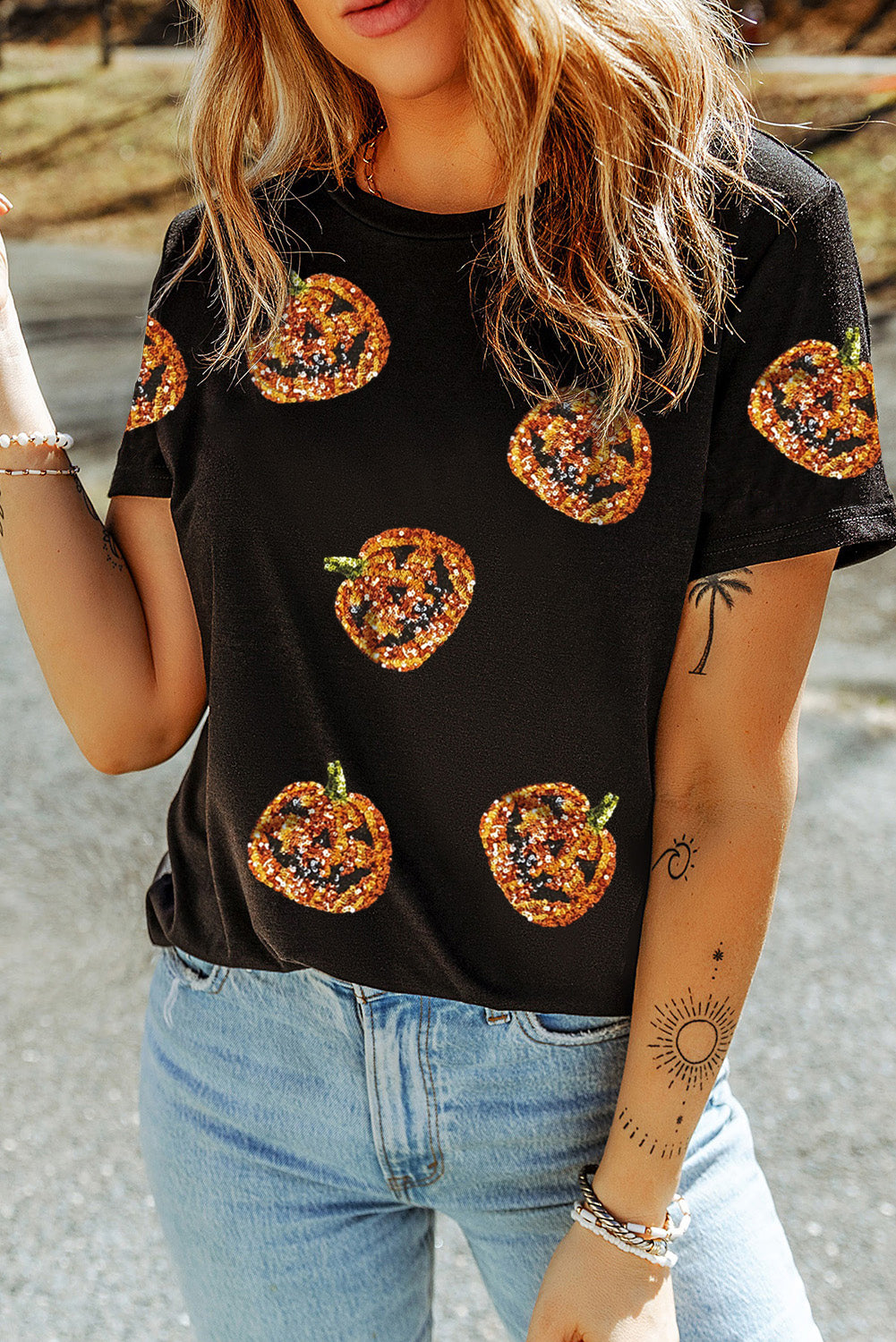 Black Sequin Pumpkin Face Halloween T Shirt 🇺🇸
