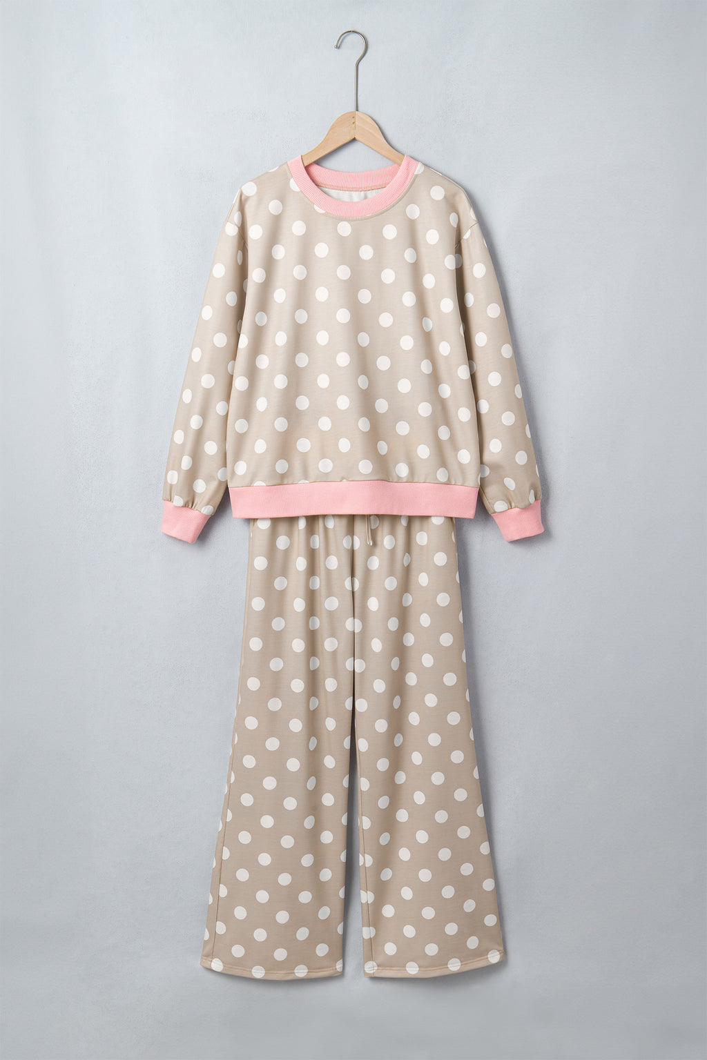 Sky Blue Polka Dot Contrast Trim Long Sleeve Top Drawstring Shift Pants Set 🇺🇸