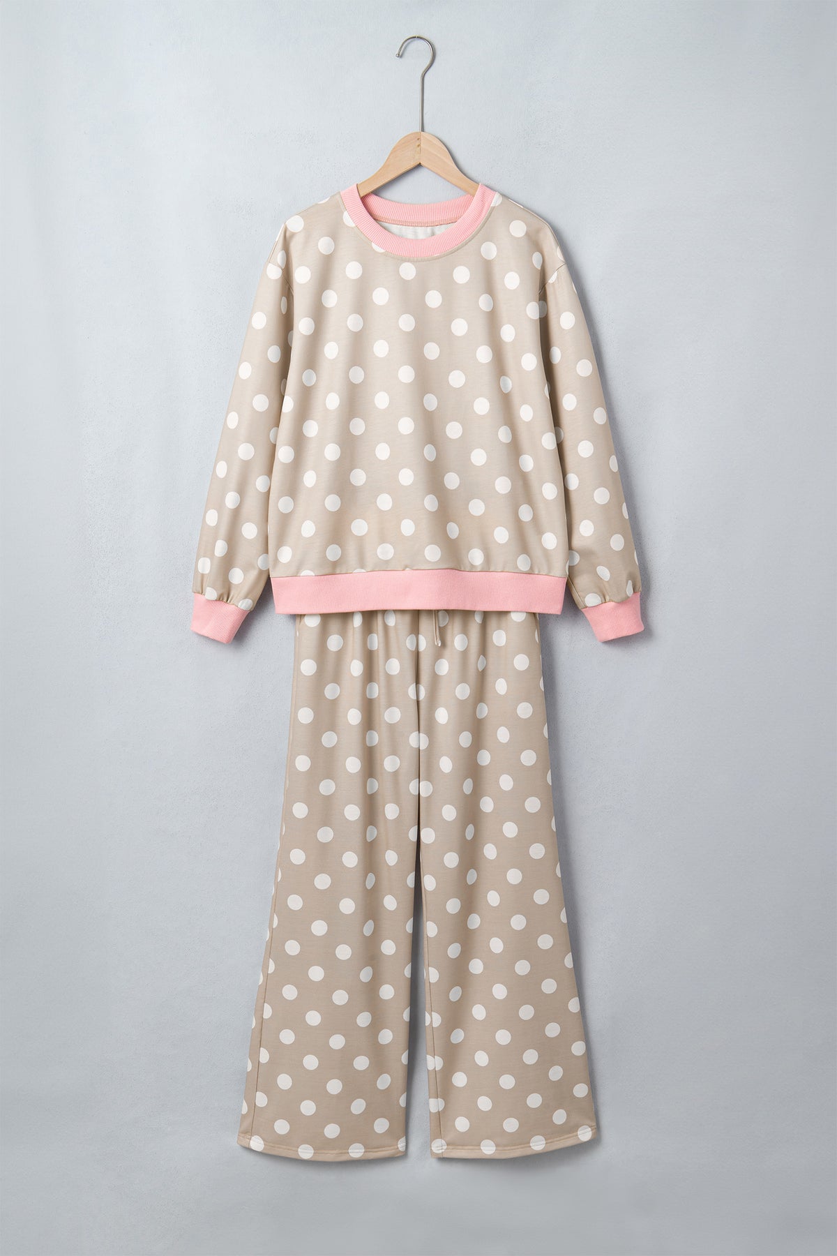 Sky Blue Polka Dot Contrast Trim Long Sleeve Top Drawstring Shift Pants Set 🇺🇸