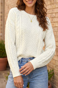 Beige Solid Color Cable Detail Knit Loose Round Neck Sweater 🇺🇸