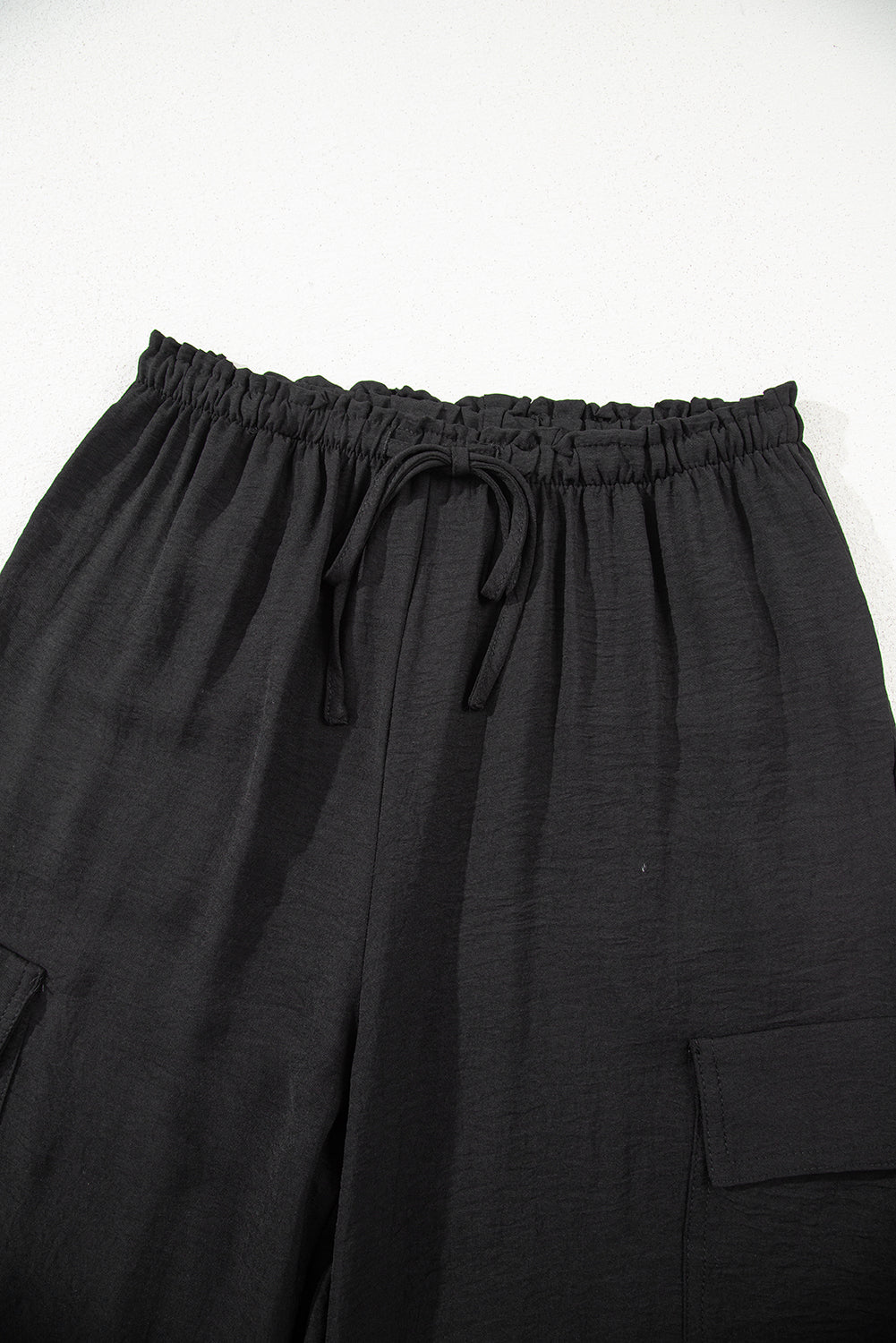 Black Drawstring Frilled Waist Wide Leg Utility Trousers 🇺🇲
