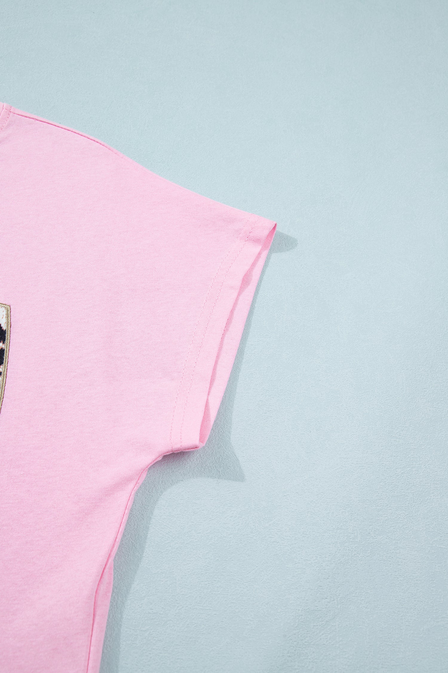 Pink Leopard Bow Embroidered Cotton Round Neck T Shirt 🇺🇸