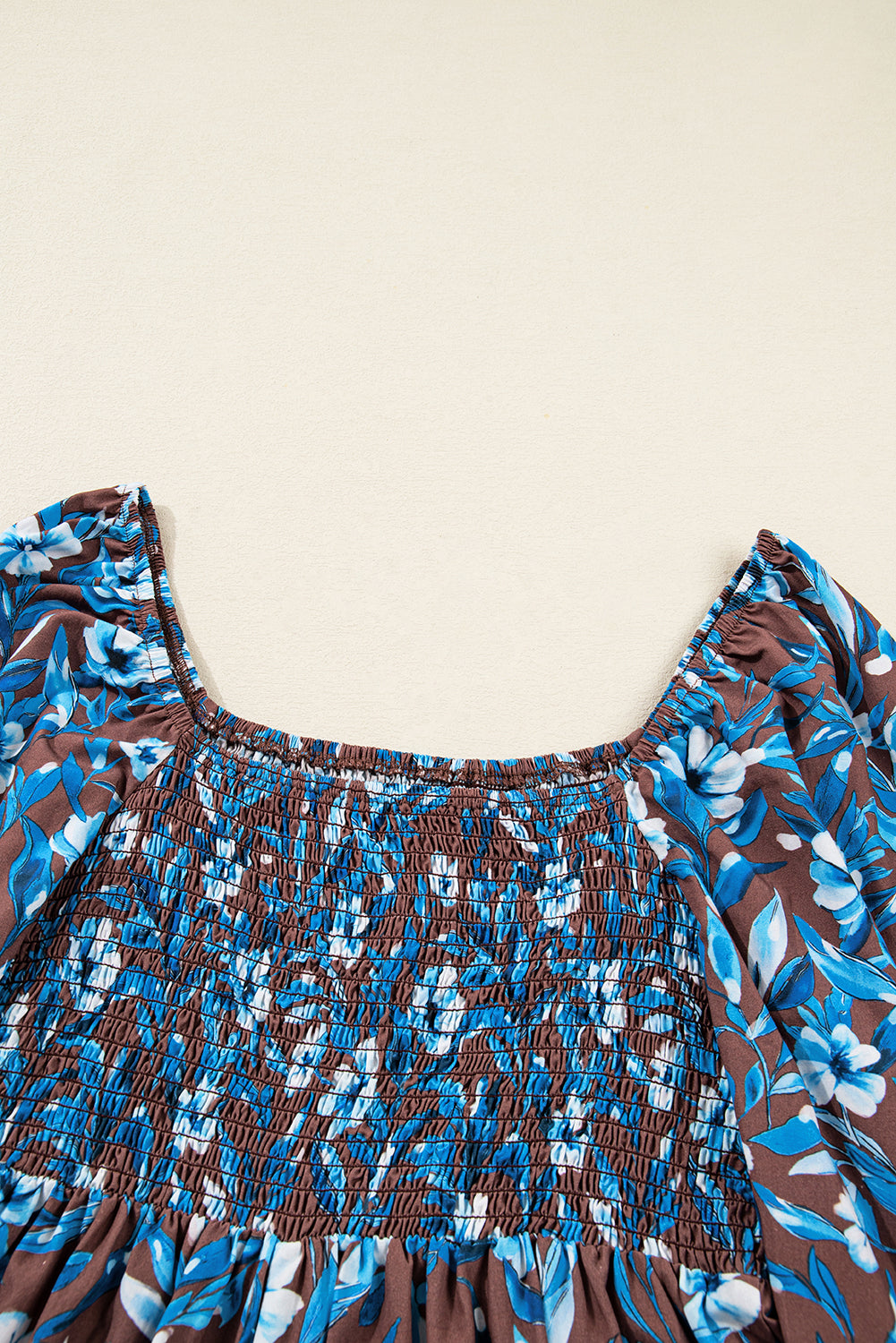 Blue Smocked Bodice High Waist Ruffled Sleeve Floral Dress 🇺🇸