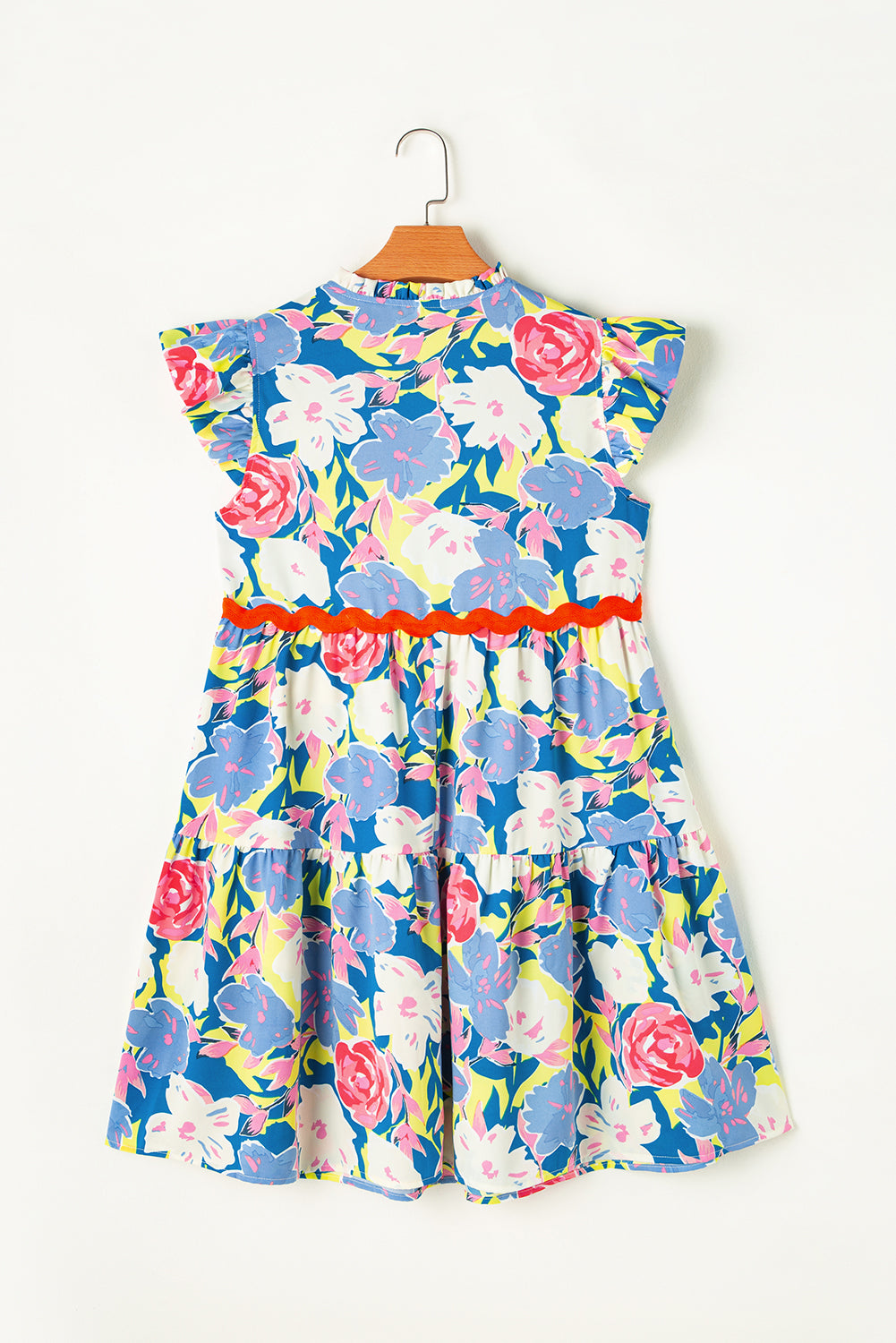 Sky Blue Floral Printed V Notched Ric Rac Flutter Sleeve Dress 🇺🇸