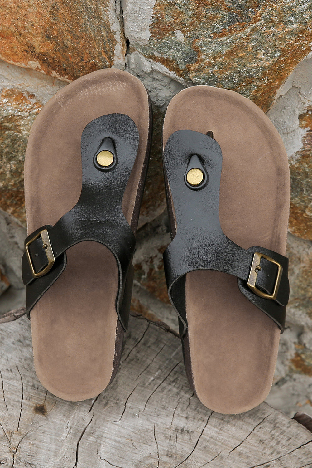 Black Vintage Buckle PU Leather Thong Slippers 🇨🇳