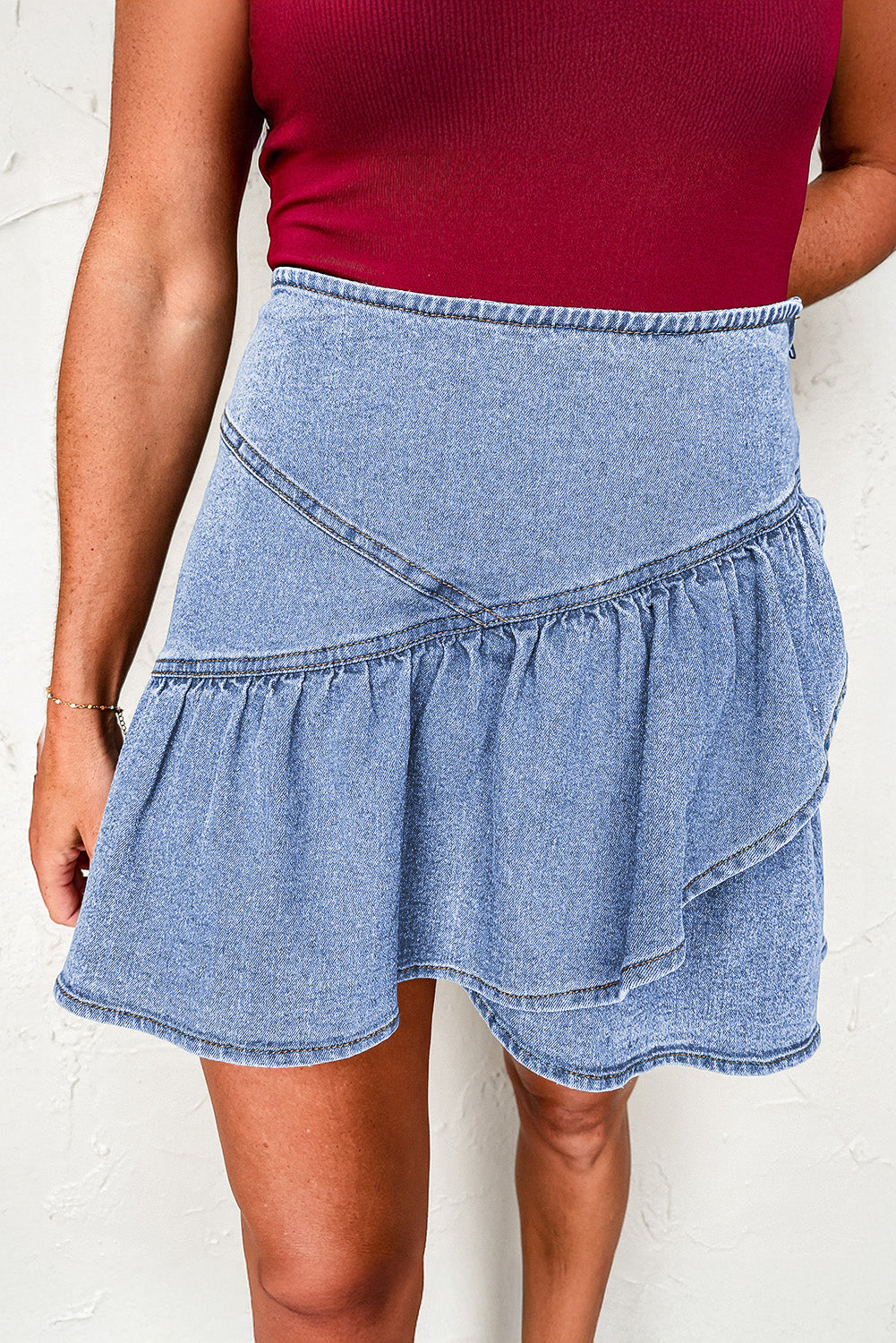 Beau Blue Asymmetric Ruffle Overlay Denim Mini Skirt 🇨🇳