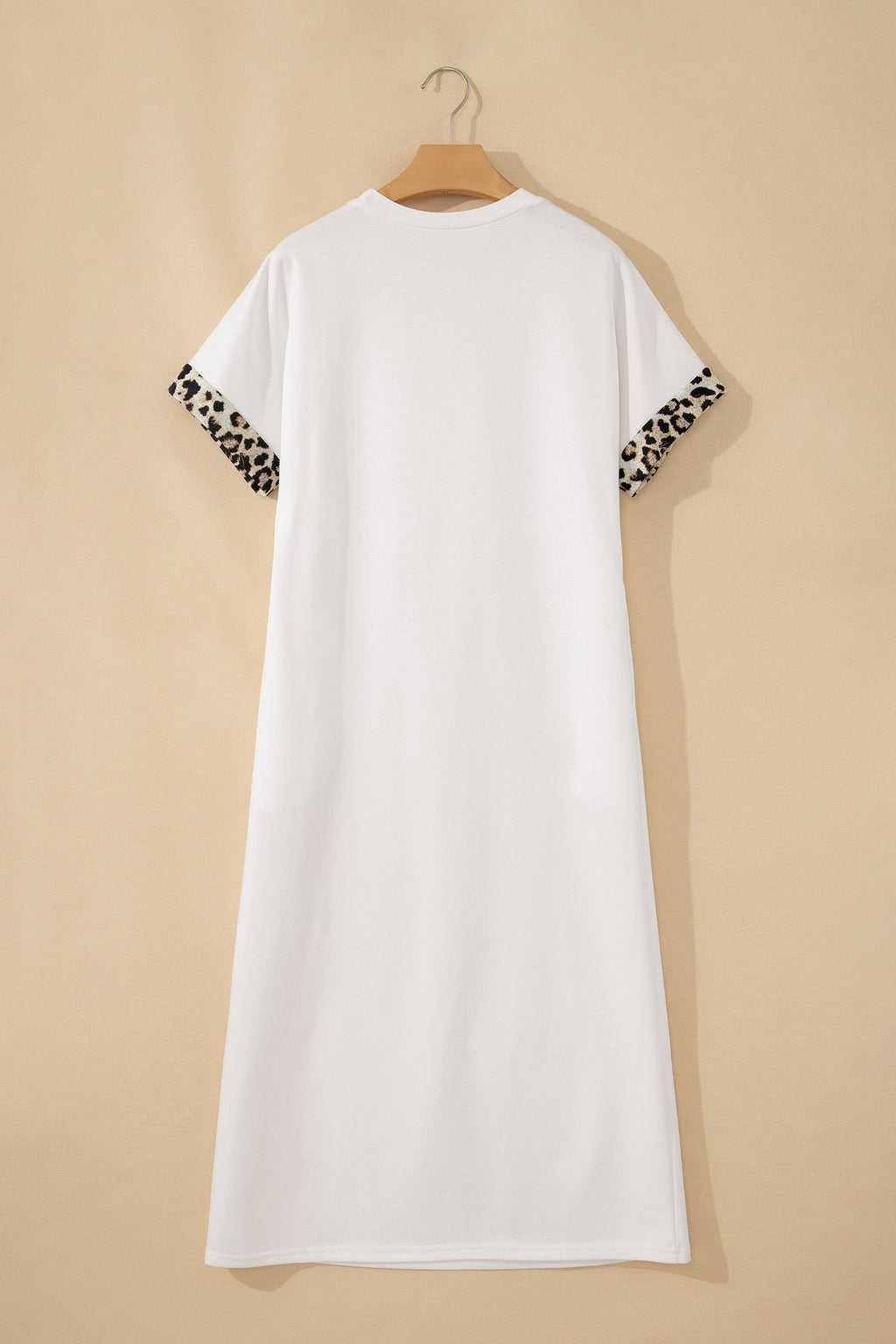 White Contrast Leopard Bow Patched Short Sleeve T Shirt Long Dress 🇺🇸