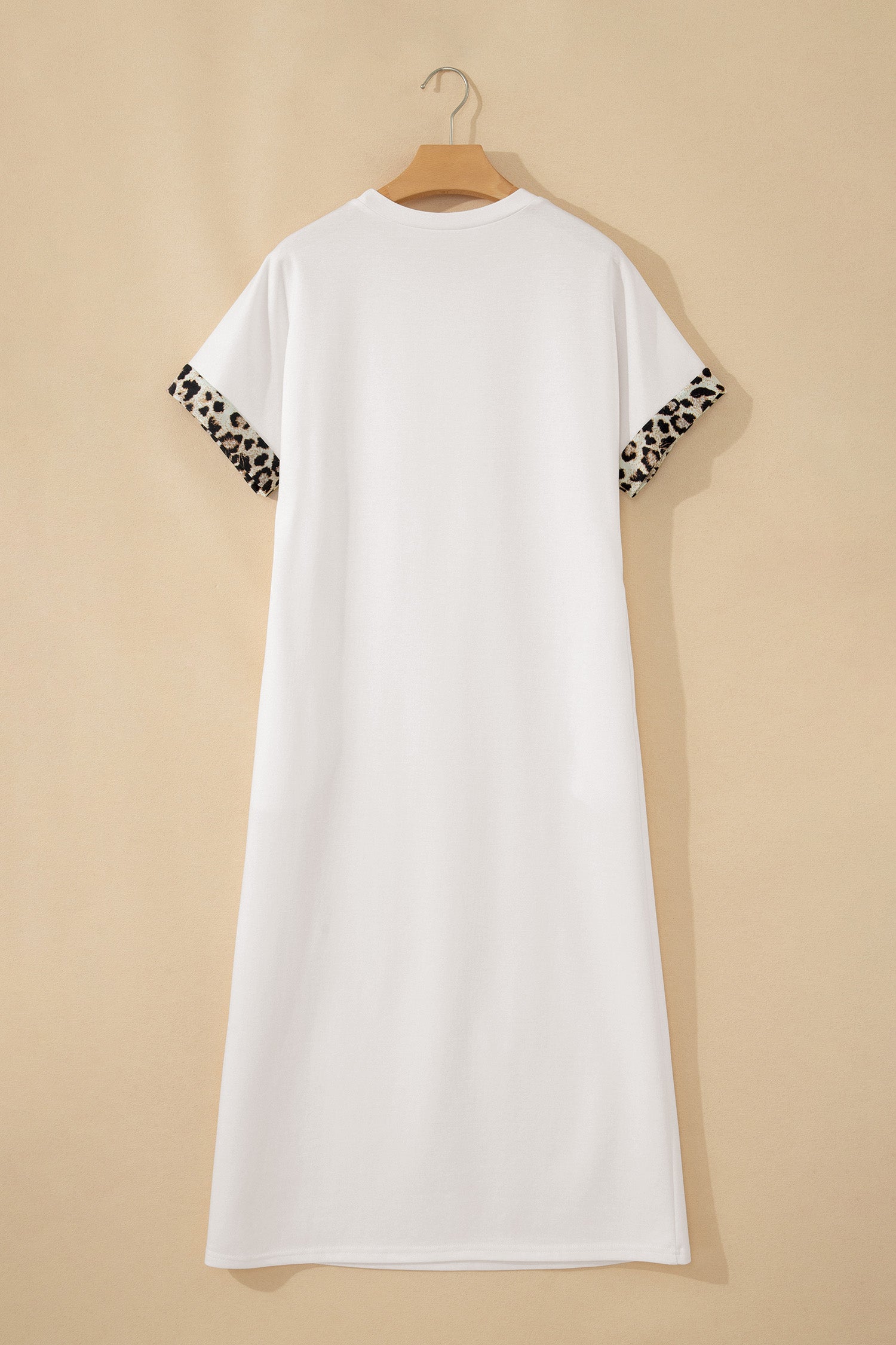 White Contrast Leopard Bow Patched Short Sleeve T Shirt Long Dress 🇺🇸