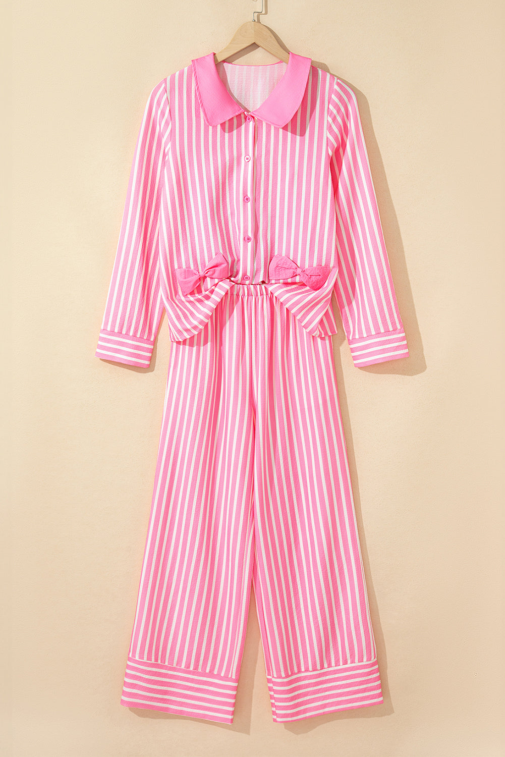 Pink Stripe Buttoned Front Long Sleeve Top and Pants 2 Piece Sleepwear 🇺🇸