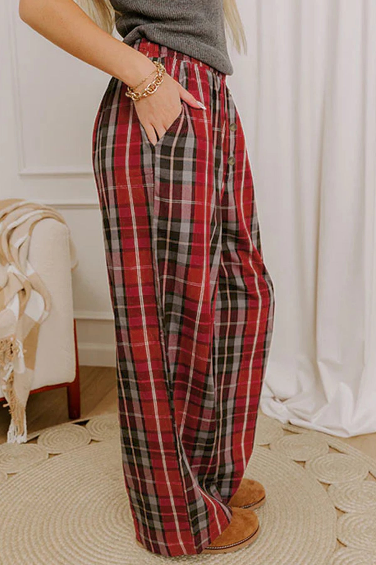 Red Plaid Elastic Waist Pocket Regular Full-Length Pants 🇺🇸