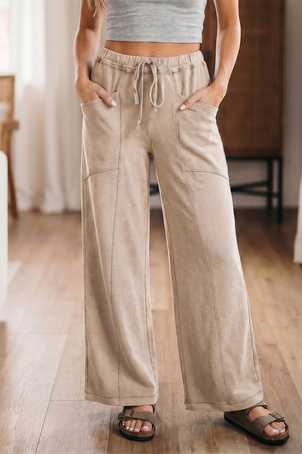 Smoke Gray Mineral Wash Drawstring Retro High Waist Wide Leg Western Pants 🇺🇸