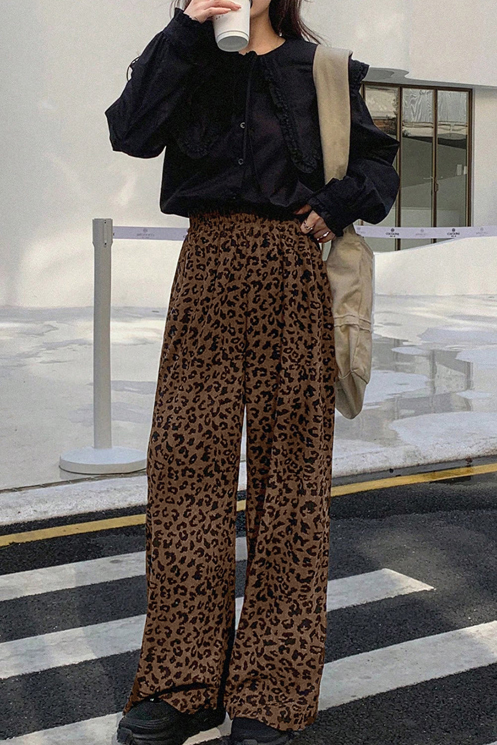 Dark Brown Leopard Print Elastic High Waist Loose Corduroy Pants 🇺🇸
