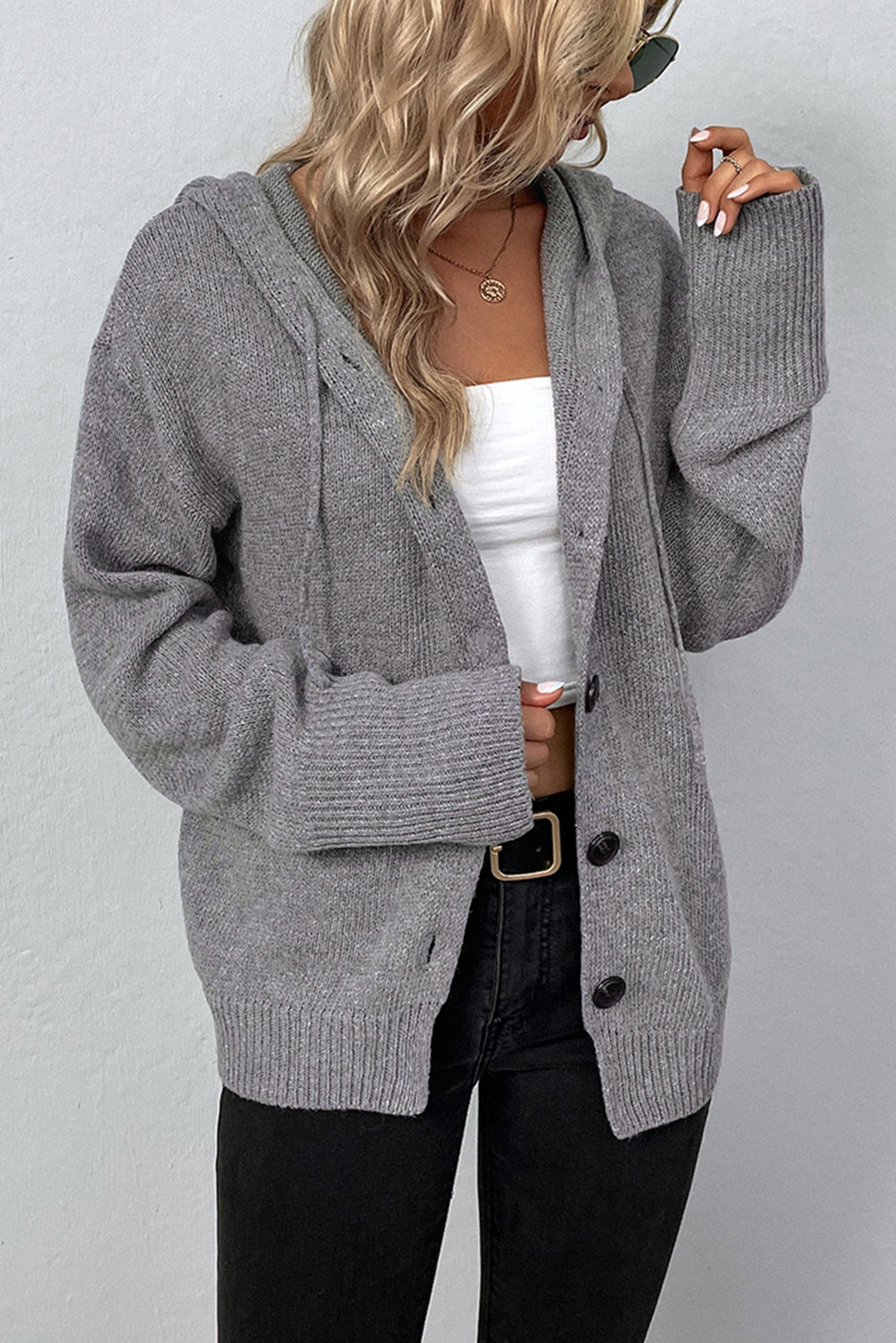 Medium Grey Drawstring Hooded Button Up Drop Shoulder Sweater Cardigan 🇨🇳