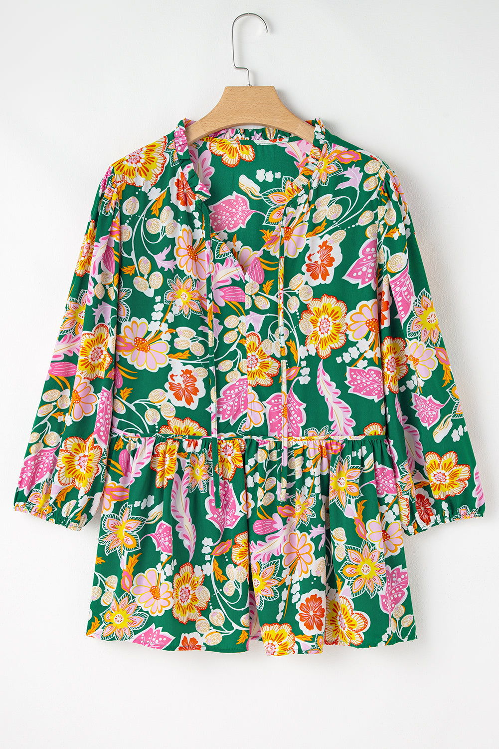 Green Floral Tied V Neck Long Sleeve Plus Size Babydoll Top 🇺🇸