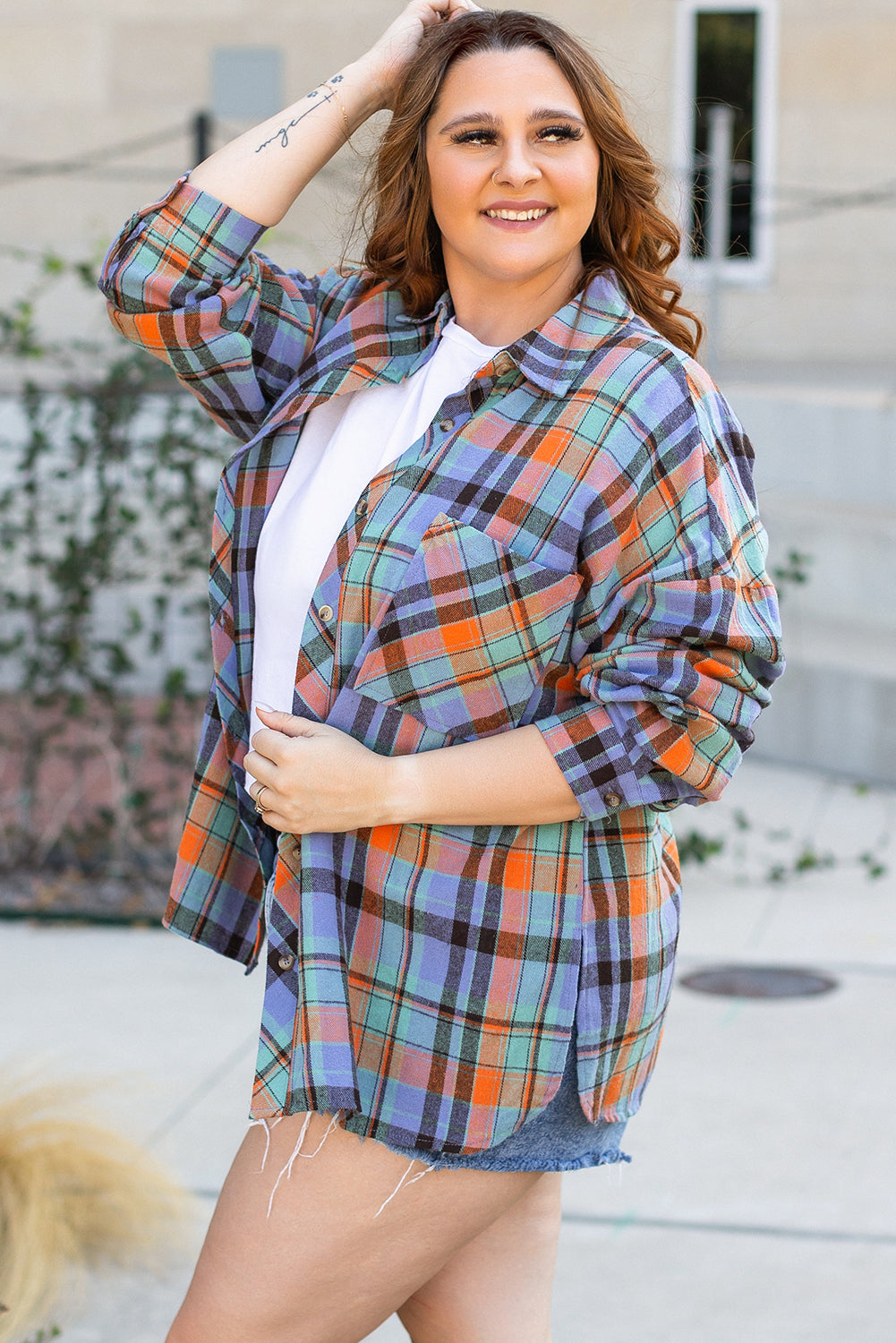 Orange Plus Size Plaid Print Buttoned Shirt 🇺🇸