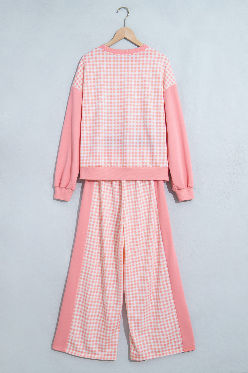 Khaki Color Block Plaid Patchwork Long Sleeve Pullover Wide Leg Pant Set 🇺🇸