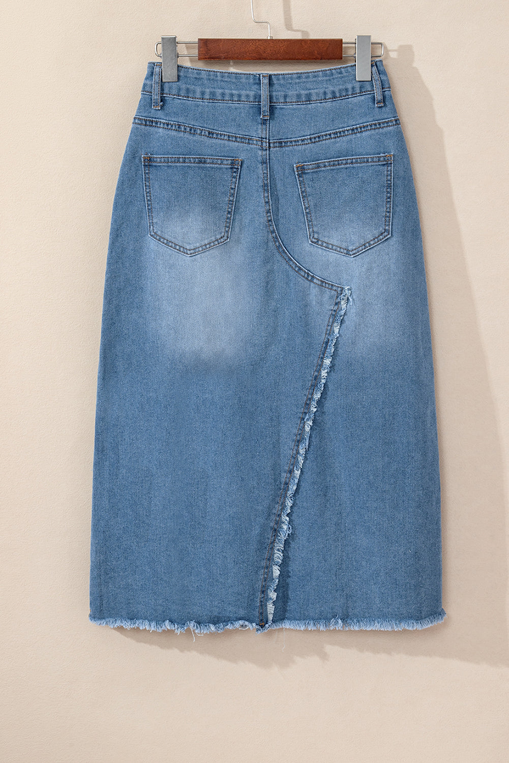 Light Blue Frayed Slit Asymmetric Denim Midi Skirt 🇺🇸