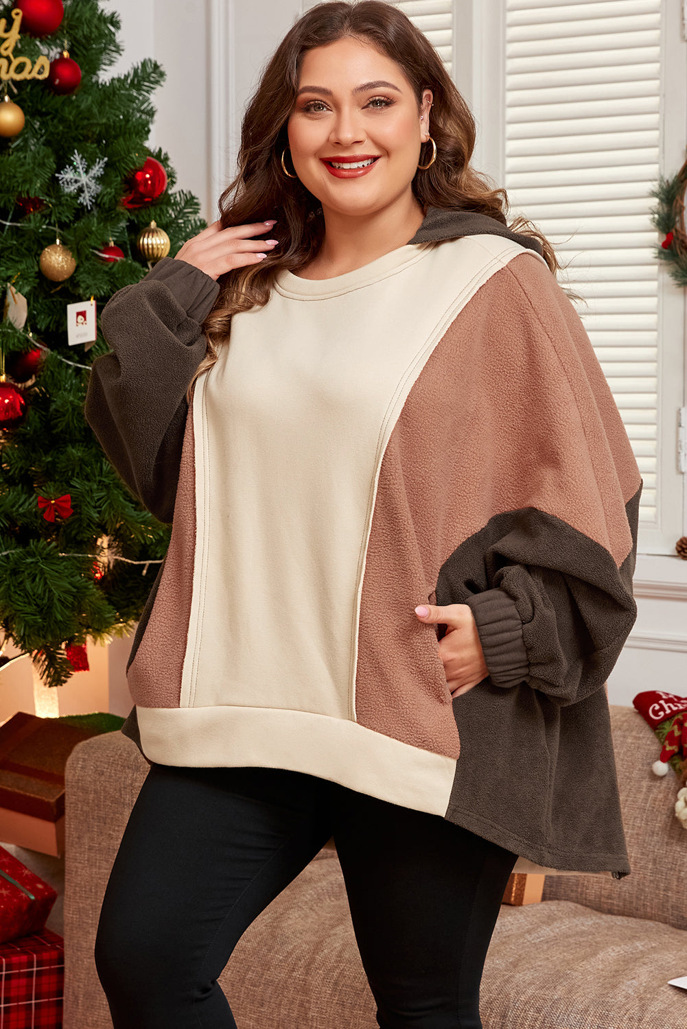 Brown Exposed Seam Colorblock Plus Size Hoodie 🇺🇸