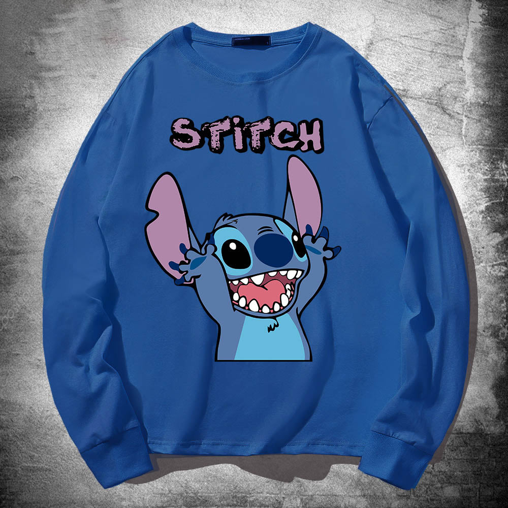 Stitch Long Sleeved T Shirt For Men and Women, Thin Pure Cotton, Loose Fitting, Like Couples Outfit, Round Neck Base Shirt, Clothes On Top 🇨🇳