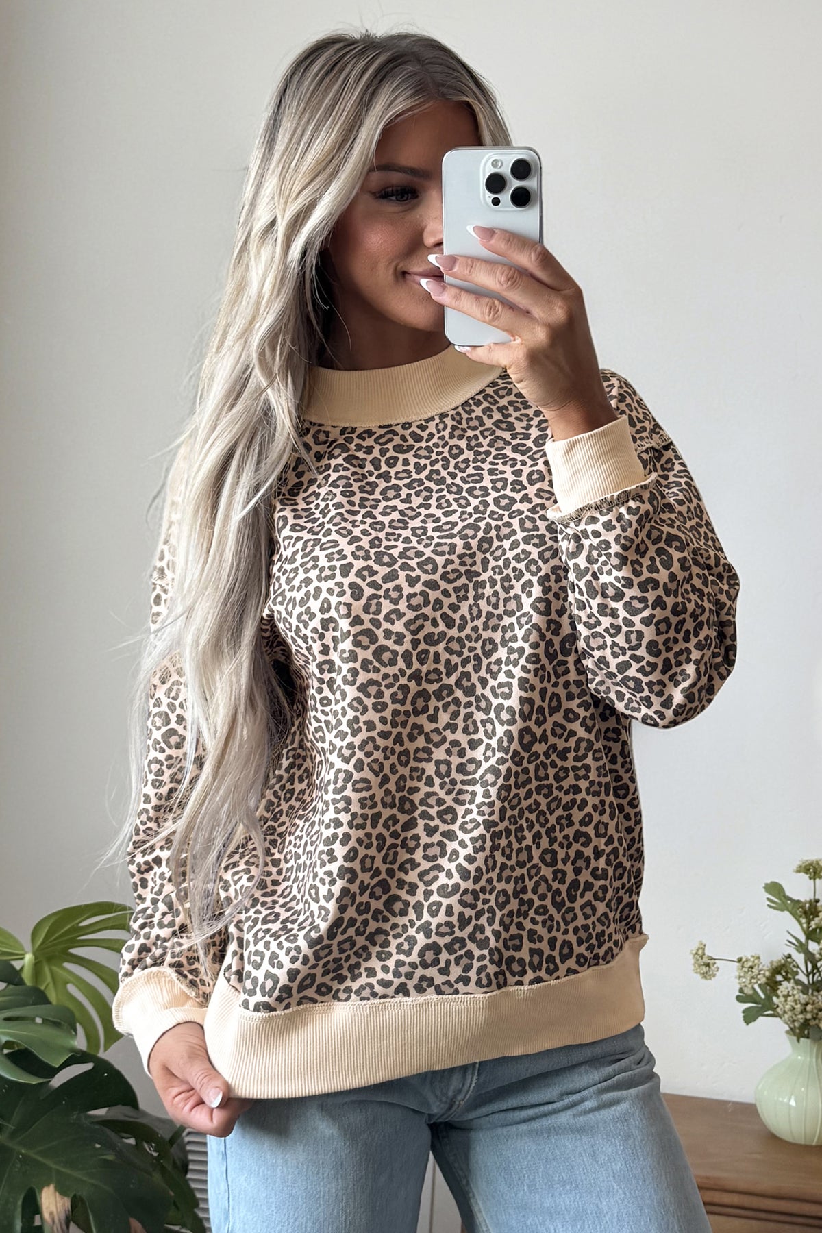 Multicolour Leopard Print High Neck Long Sleeve Ribbed Cuffs Hem Sweatshirt 🇺🇸