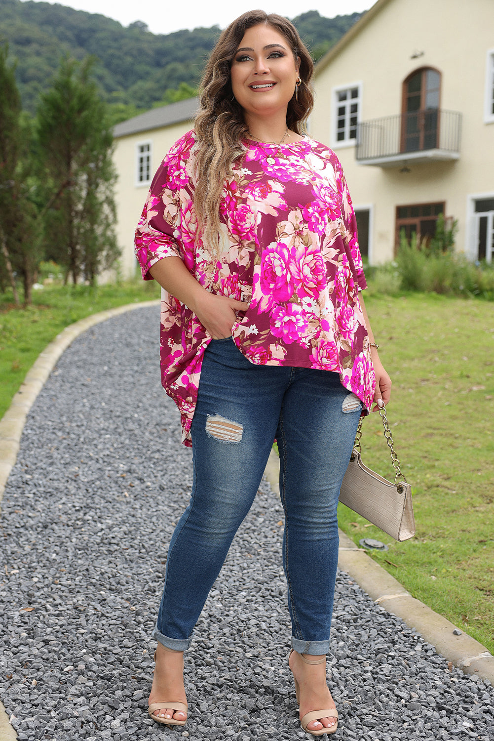 Red Floral Print Short Sleeve Plus Size Blouse 🇺🇸