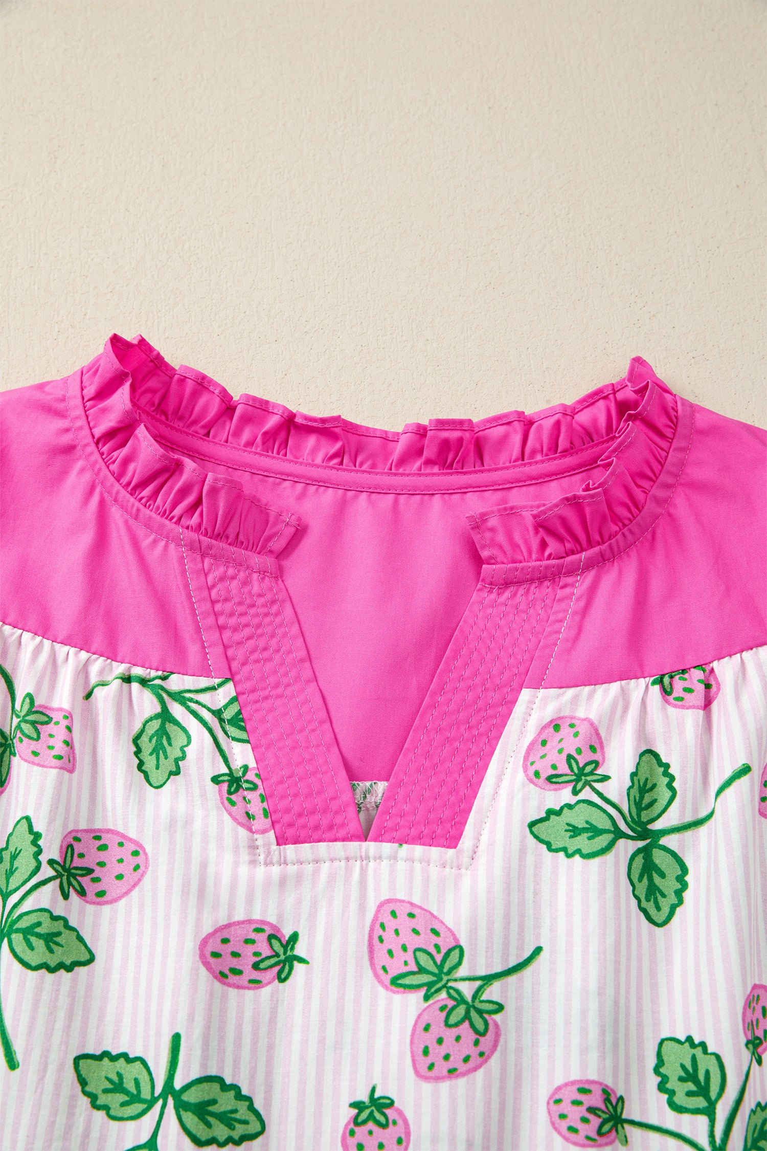 Pink Striped Strawberry Printed Color Block Patchwork V Neck Flutter Sleeve Blouse 🇺🇸