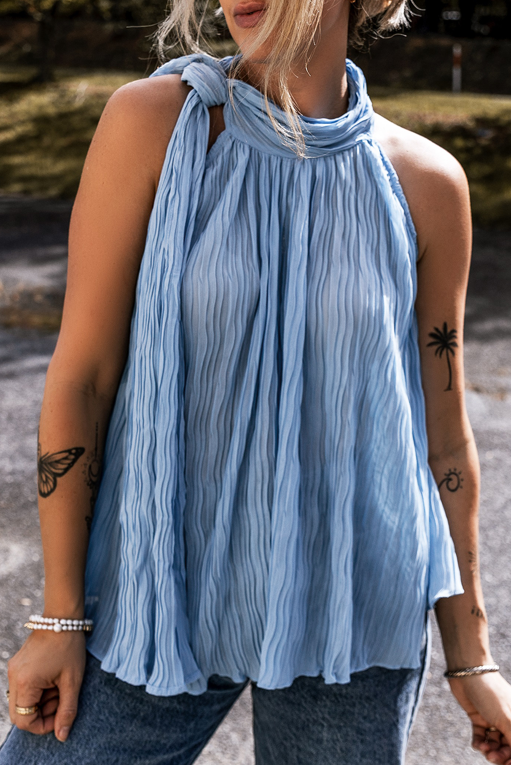 Myosotis Textured Pleated Tied Mock Neck Flowy Tank Top 🇨🇳