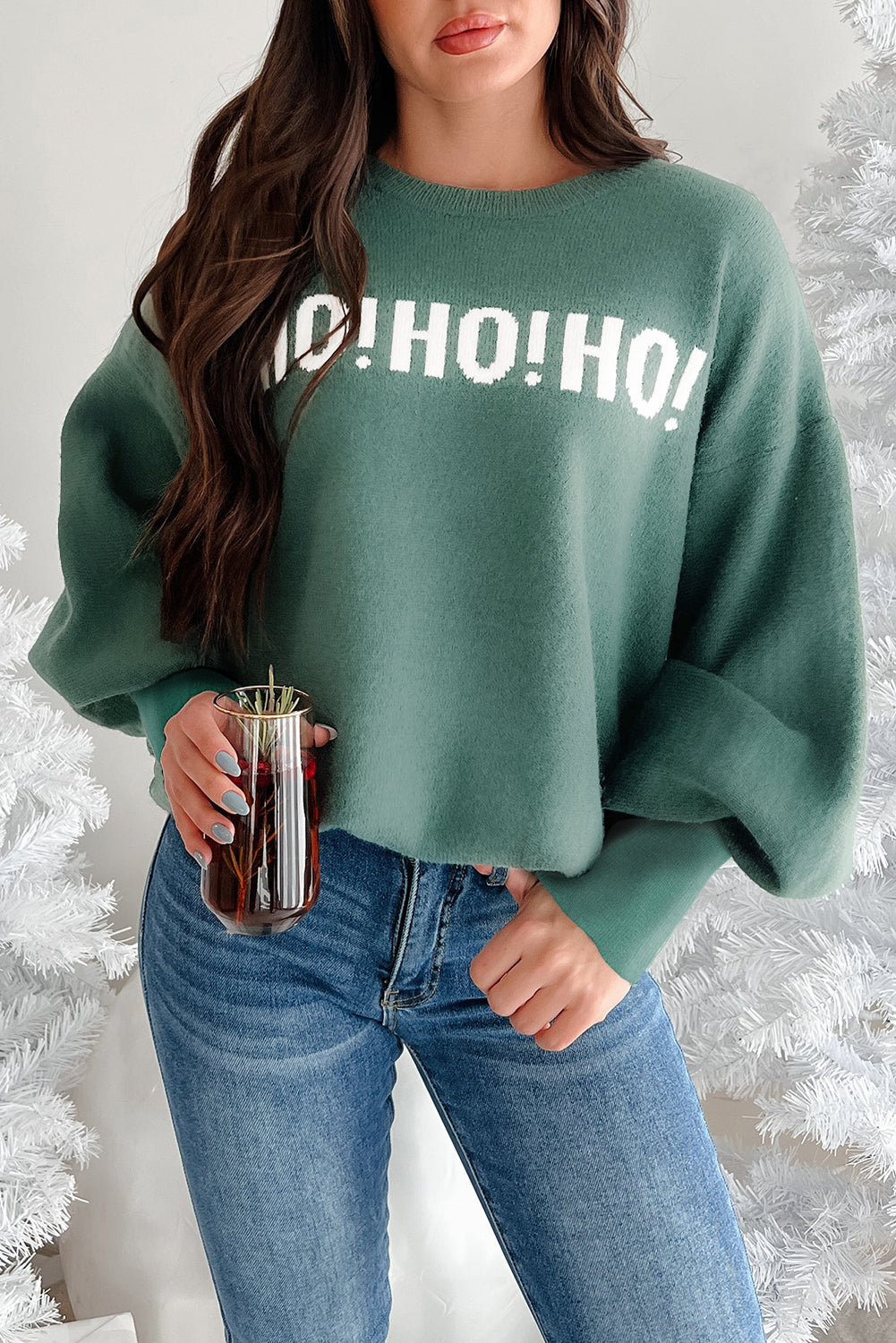 Blackish Green HO HO HO MERRY CHRISTMAS Drop Shoulder Loose Sweater 🇺🇸