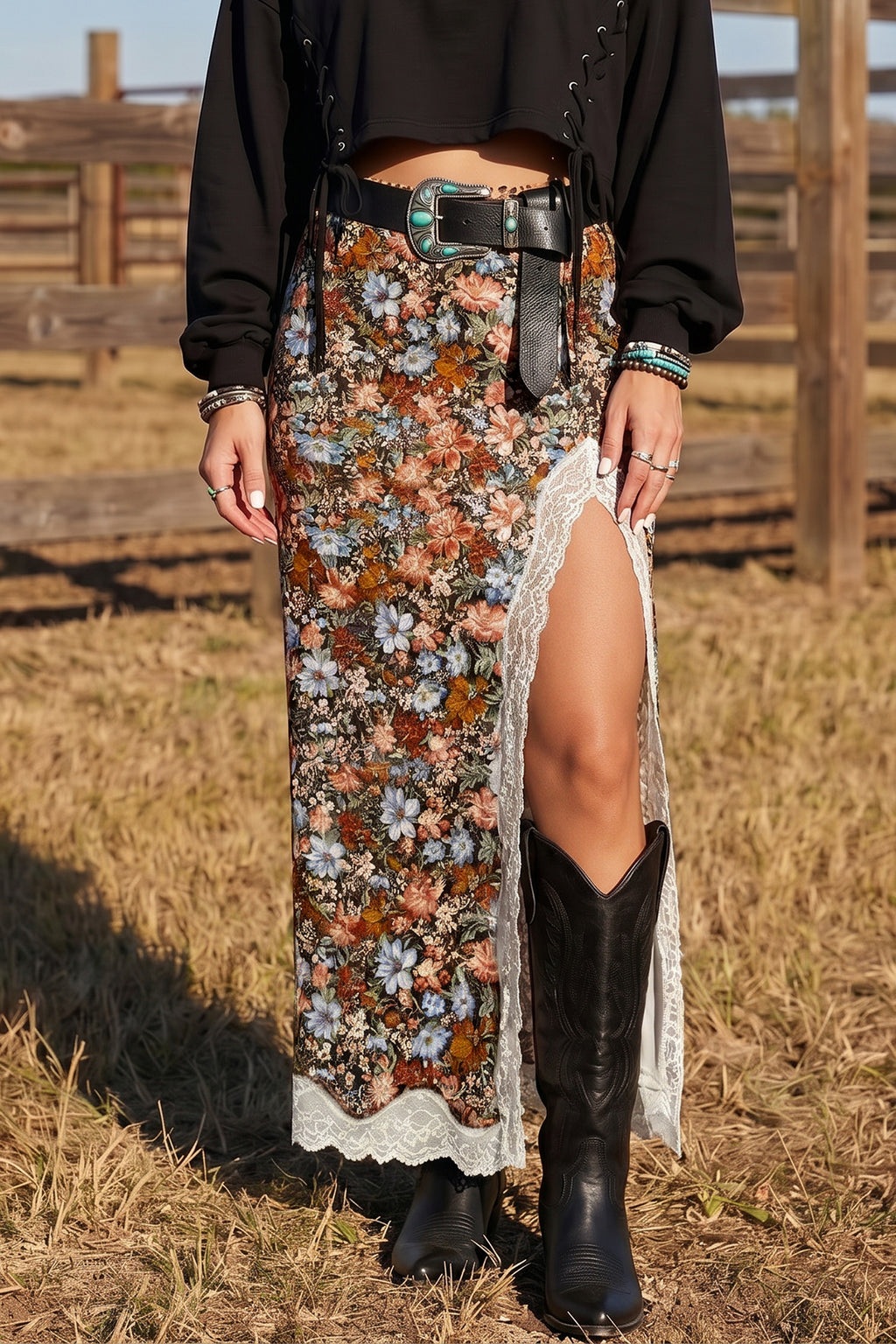 Multicolour Cheetah Print Trim Split Long Western Skirt 🇺🇸
