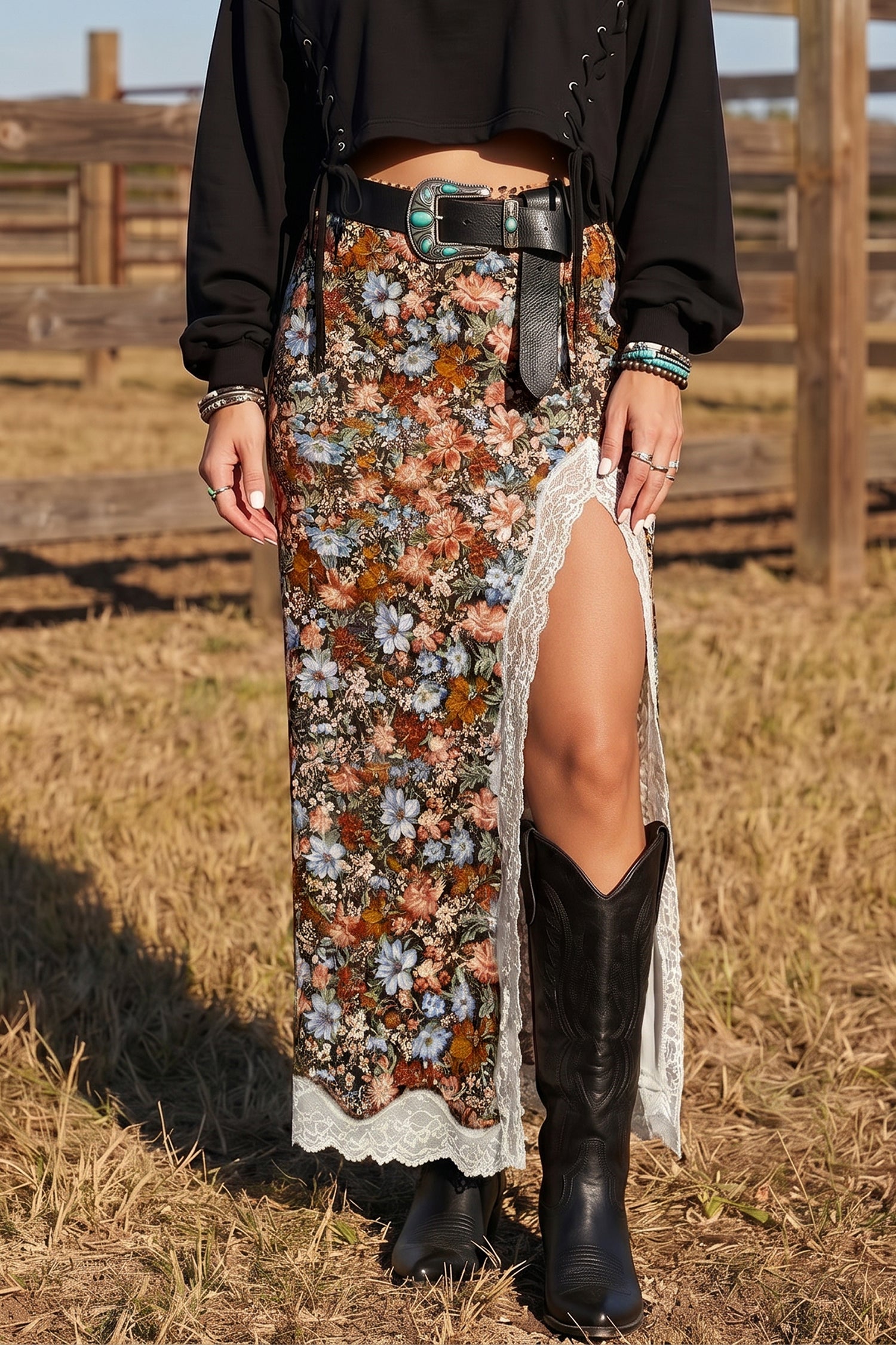 Multicolour Cheetah Print Trim Split Long Western Skirt 🇺🇸