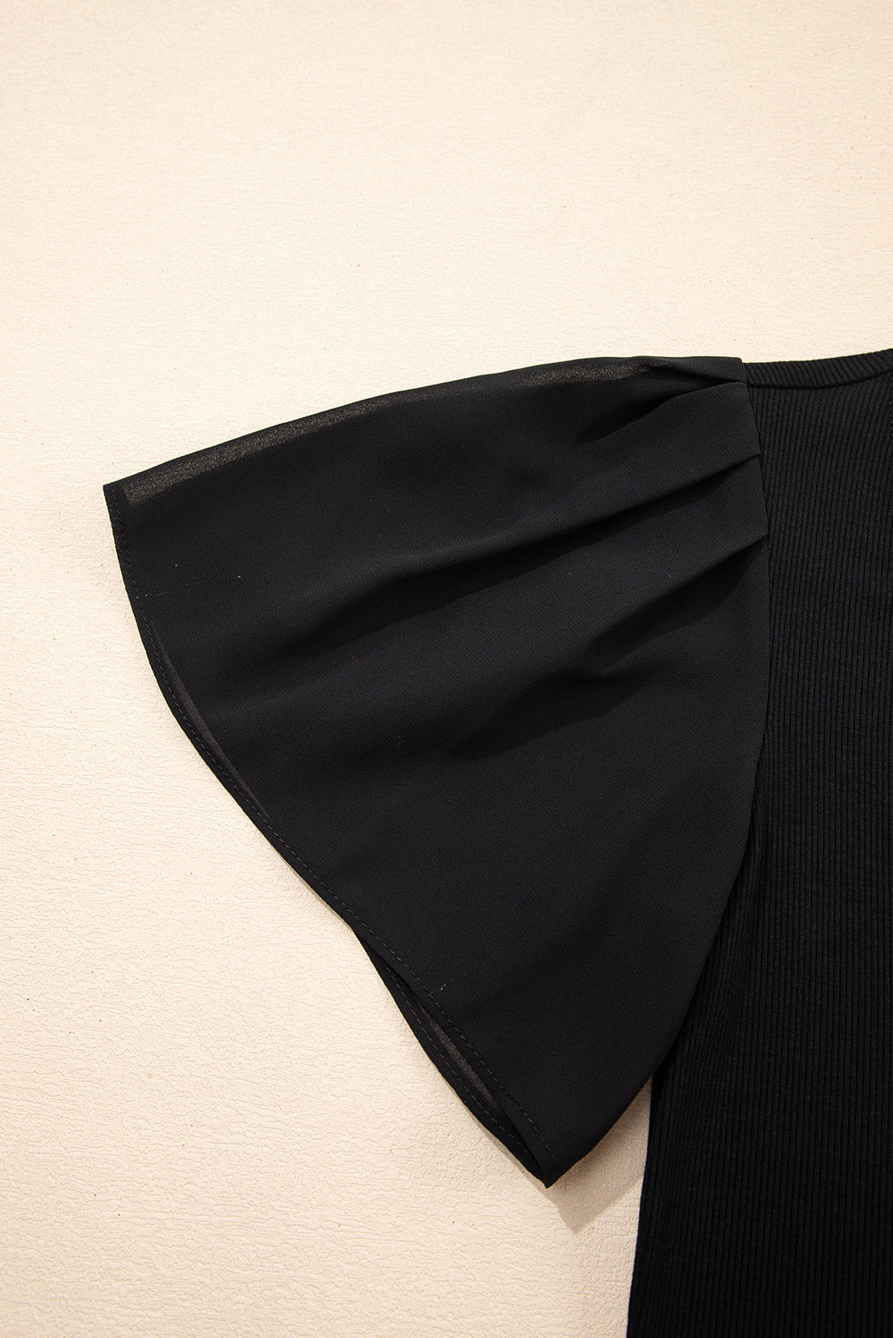 Black Mesh Ruffled Sleeve Slim Fit V Neck Top 🇺🇲