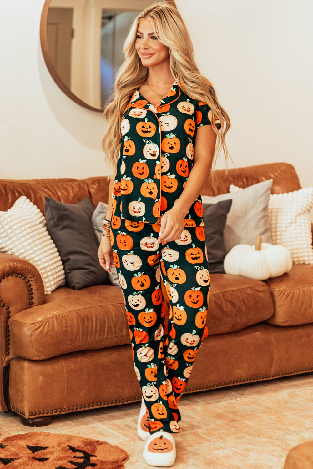 Orange Halloween Pattern Short Sleeve Shirt Pajama Set 🇺🇸
