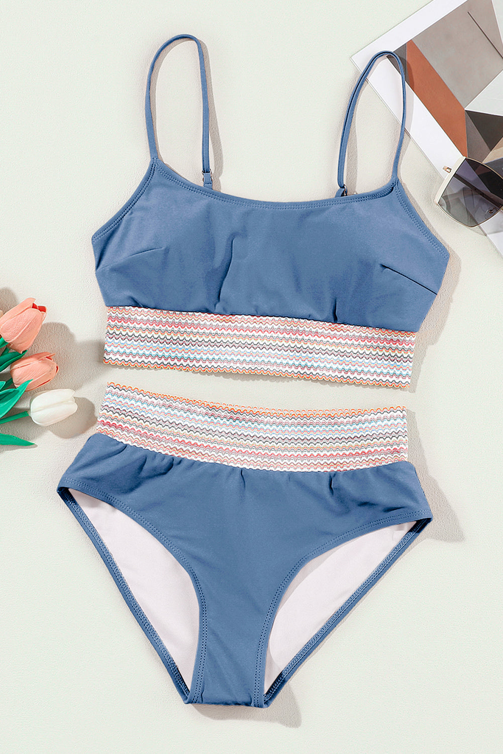 Dusk Blue Colorful Stitch Border Detail 2pcs High Waist Bikini Swimsuit 🇺🇸