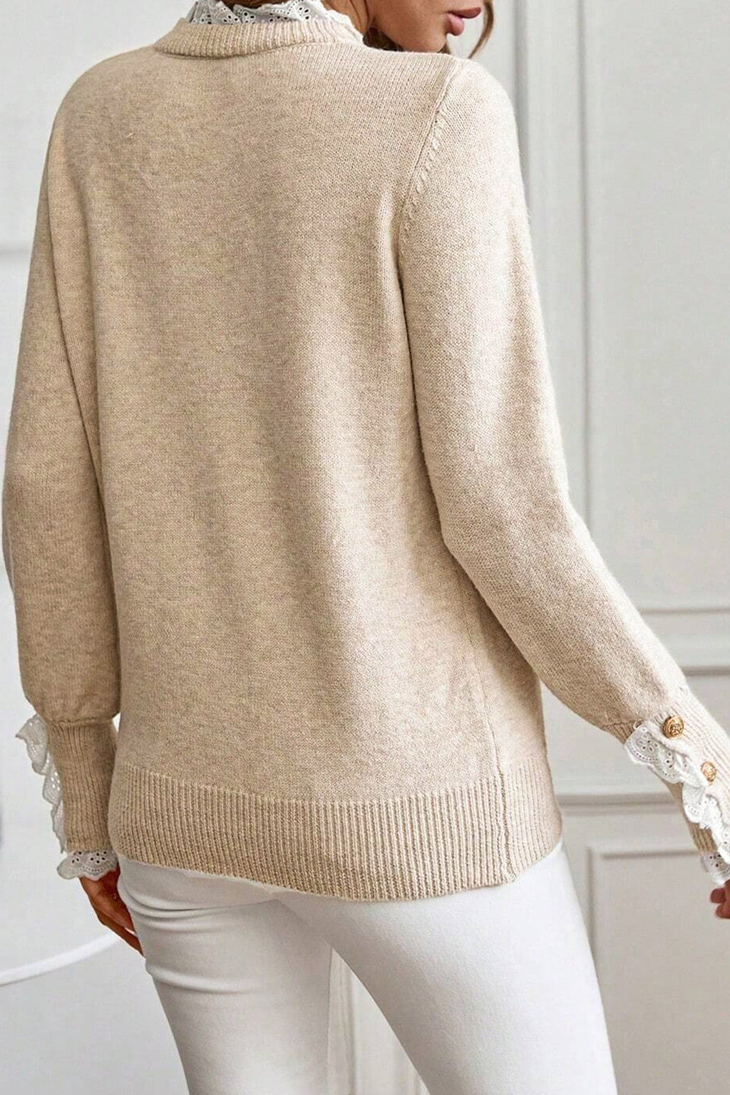 Jet Stream Lace Trim Patchwork Buttoned Cuffs Loose Sweater 🇺🇸