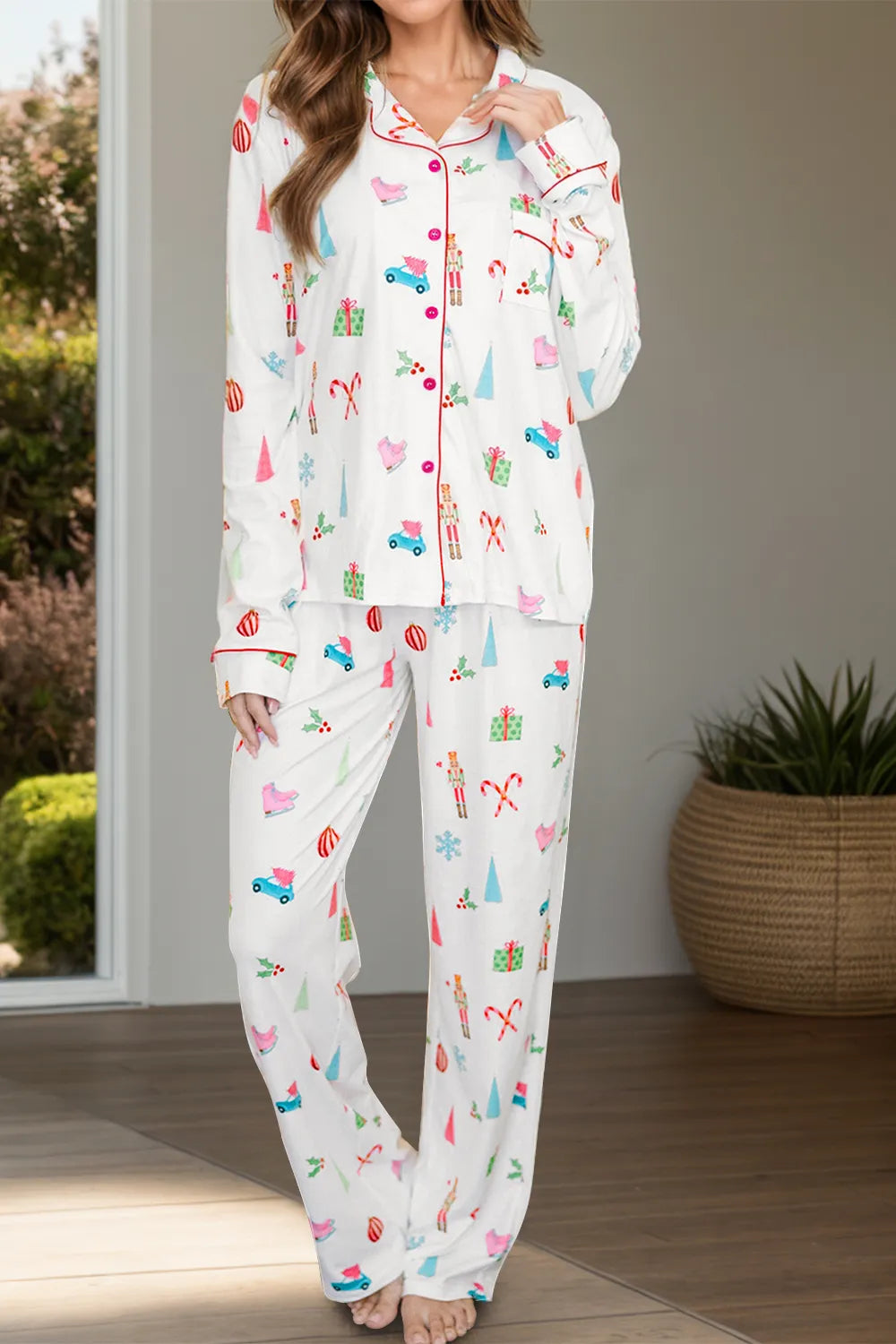 Long sleeved top and long pants two-piece set Christmas printed pyjamas 🇨🇳