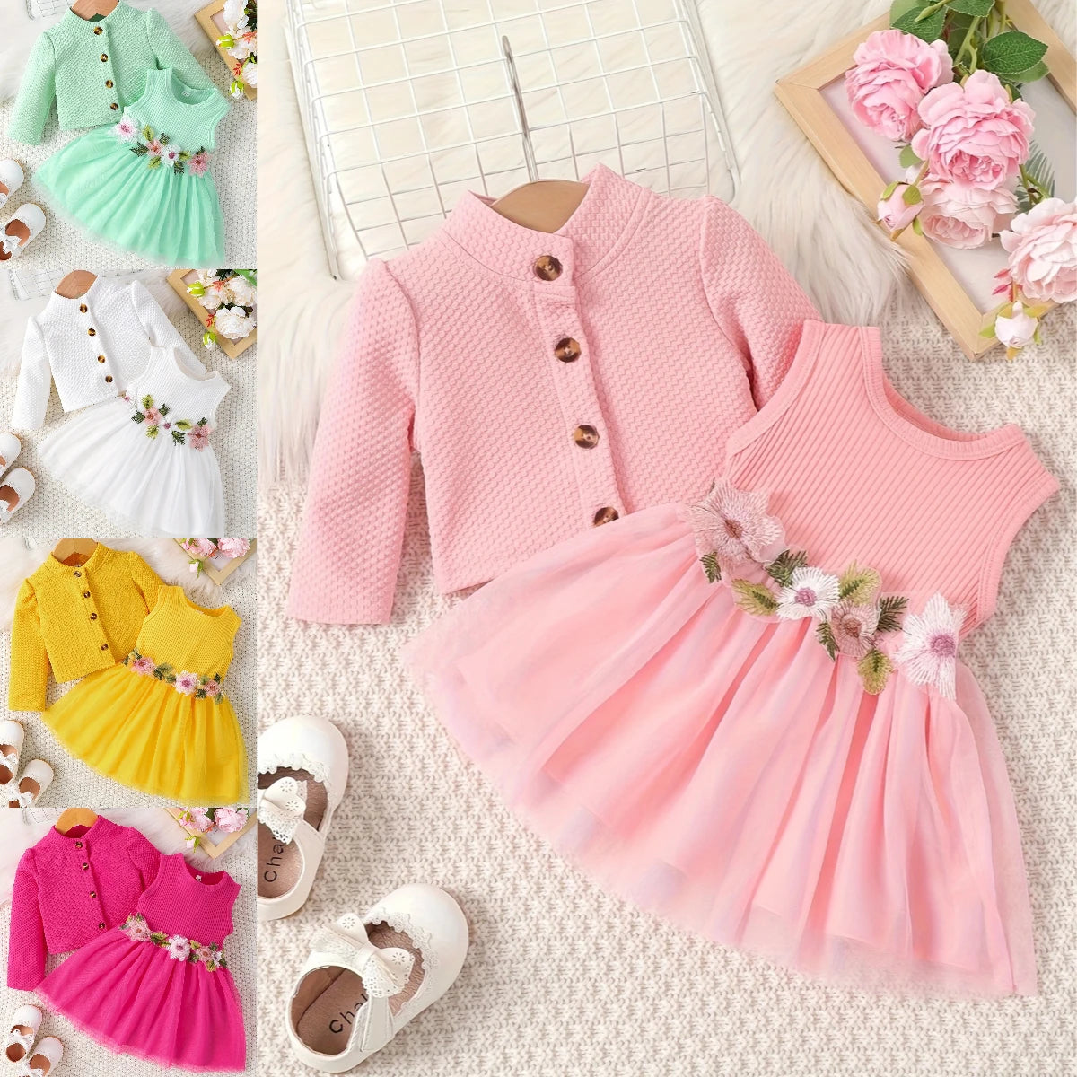 Baby girl waist flower design vest spliced mesh dress and jacket/Cardigan 🇨🇳