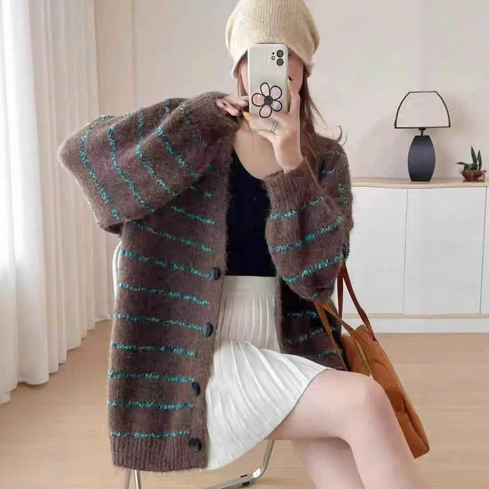 Block Stripe V-Neck Knitted Cardigan 🇨🇳