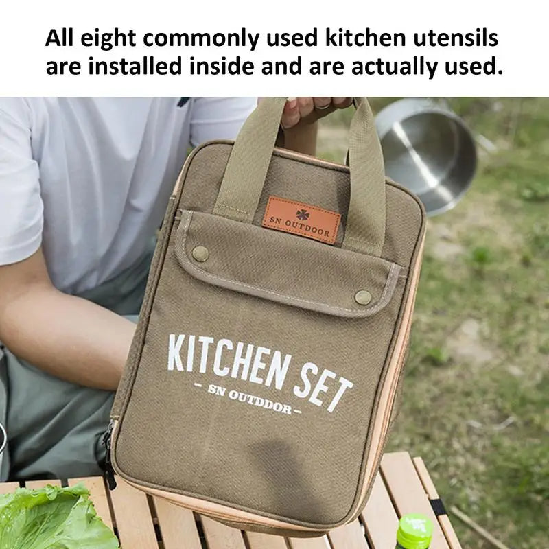 Camping Kitchen 8pcs Outdoor Cookware Kit Stainless Steel Tool Travel Set And Utensil Organizer Storage bag 🇨🇳