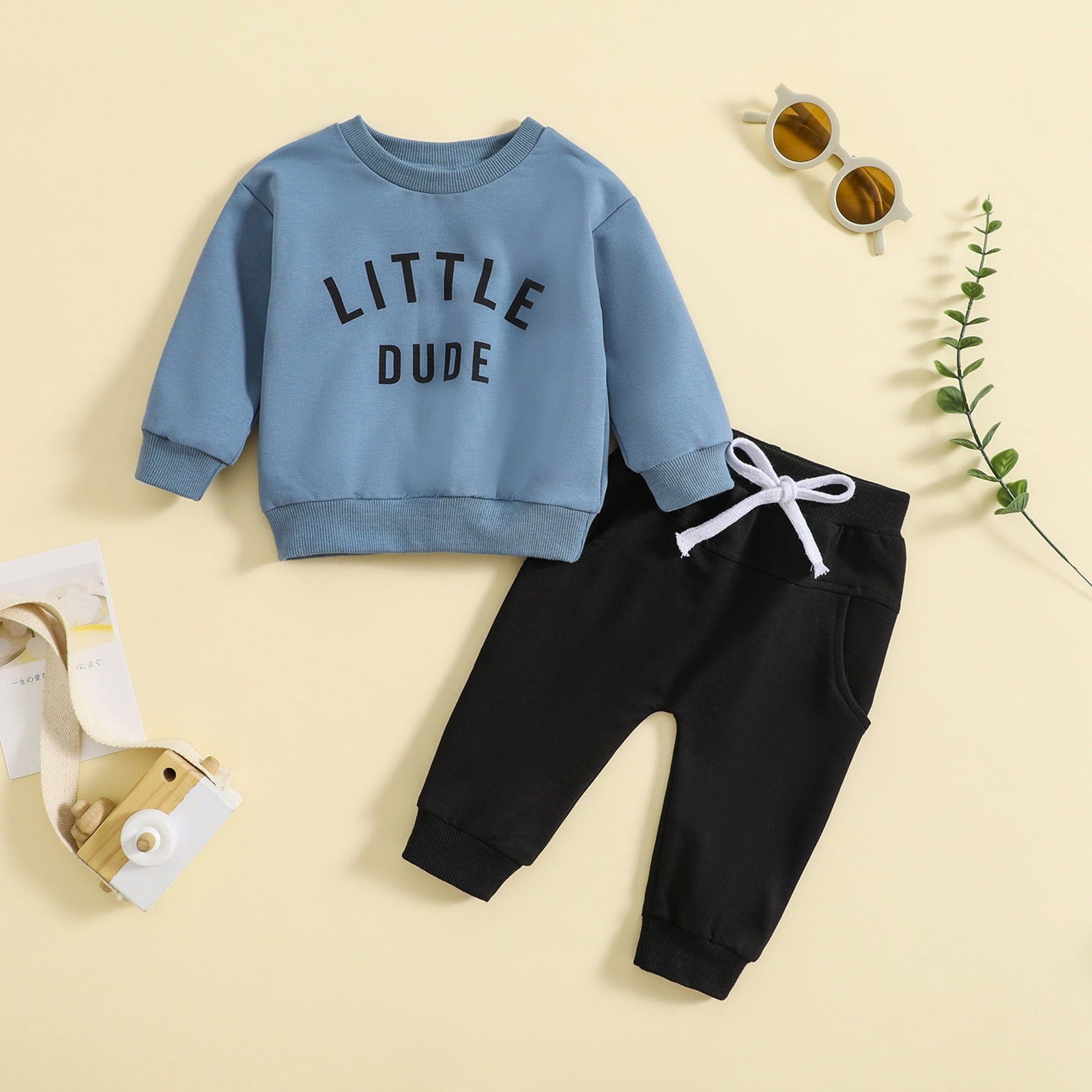 Children's round neck letter printed top solid color pants two-piece set multi-color design 🇨🇳