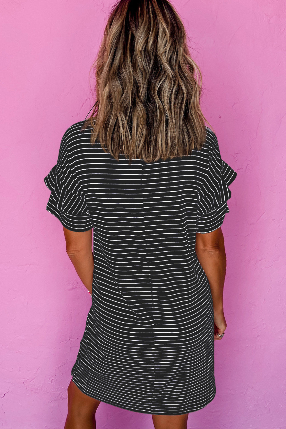 Black Stripe Ruffled Short Sleeve Crew Neck T Shirt Shift Mini Dress 🇨🇳
